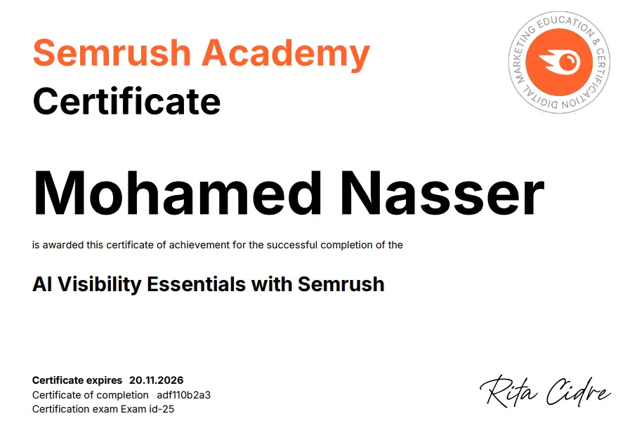 شهادة أكاديمية Semrush باسم محمد ناصر في مسار الظهور بالذكاء الاصطناعي