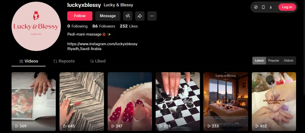 صفحة حساب Lucky & Blessy بشبكة فيديوهات وعدادات متابعين على خلفية داكنة